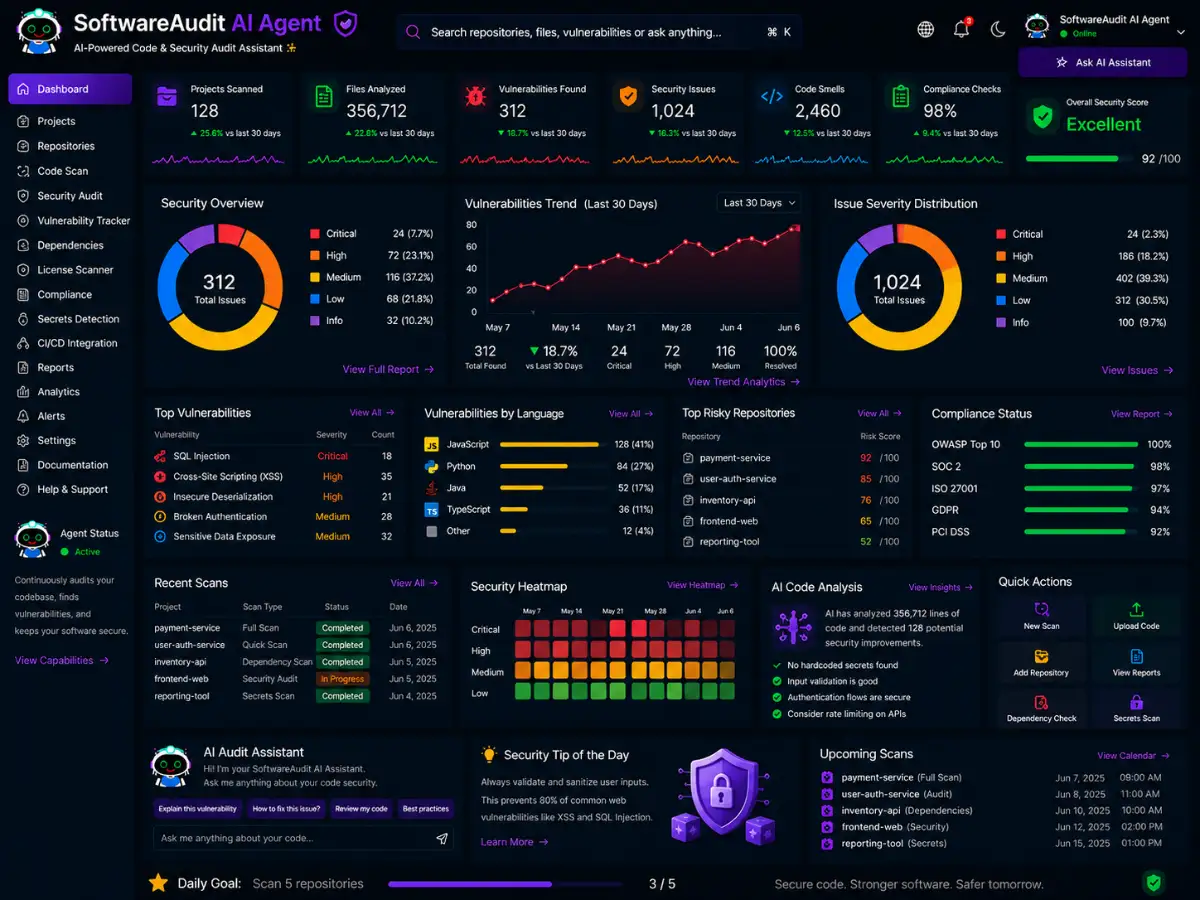 softwareaudit.app AI software audit agent app — coaching dashboard preview
